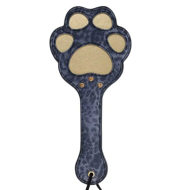 Sex & Mischief Cougar Paw Paddle in navy blue faux leather with gold paw print detail