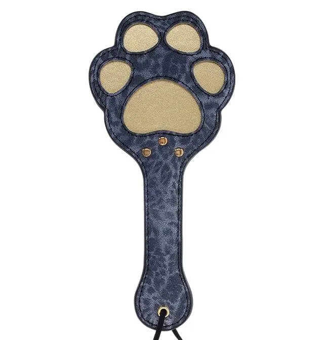 Sex & Mischief Cougar Paw Paddle in navy blue faux leather with gold paw print detail