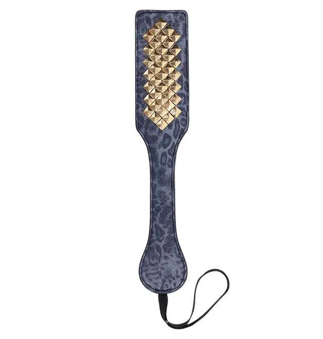 Sex & Mischief Cougar Studded Paddle with gold pyramid studs on blue leopard-print faux leather