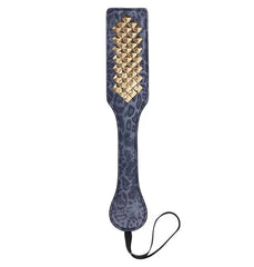 Sex & Mischief Cougar Studded Paddle with gold pyramid studs on blue leopard-print faux leather