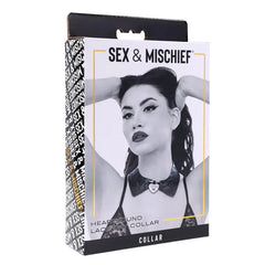 Sex & Mischief Heartbound Lace Day Collar retail packaging showing model wearing the collar