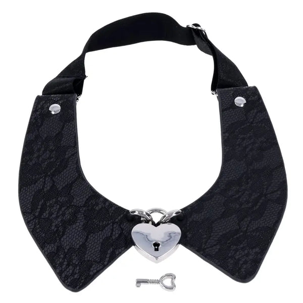 Sex & Mischief Heartbound Lace Day Collar with silver heart padlock and key, front view
