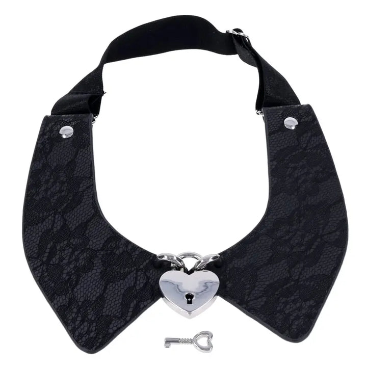 Sex & Mischief Heartbound Lace Day Collar with silver heart padlock and key, front view