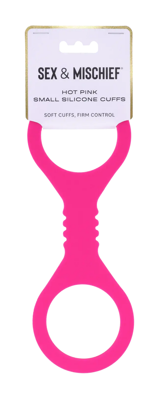 Sex & Mischief hot pink small silicone cuffs shown on retail card packaging