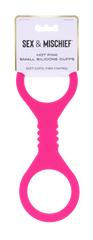 Sex & Mischief hot pink small silicone cuffs shown on retail card packaging