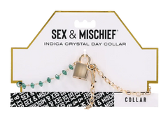 Sex & Mischief Indica Crystal Day Collar on retail card with gold padlock and key charms