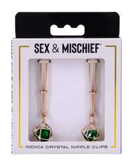 Sex & Mischief Indica Crystal Nipple Clips shown in white retail packaging, front view
