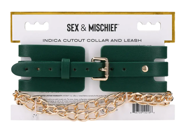 Sex & Mischief Indica Cutout Collar and Leash in forest green with gold hardware on retail card