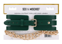 Sex & Mischief Indica Cutout Collar and Leash in forest green with gold hardware on retail card