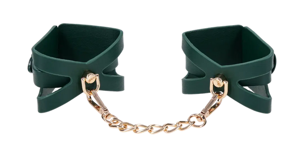 Sex & Mischief Indica Cutout Cuffs in forest green vegan leather with gold chain
