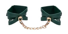 Sex & Mischief Indica Cutout Cuffs in forest green vegan leather with gold chain