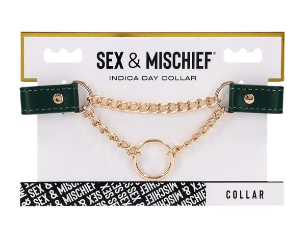 Sex & Mischief Indica Day Collar in forest green vegan leather with gold chain and O-ring
