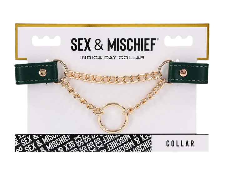 Sex & Mischief Indica Day Collar in forest green vegan leather with gold chain and O-ring