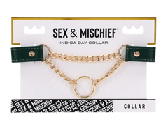 Sex & Mischief Indica Day Collar in forest green vegan leather with gold chain and O-ring