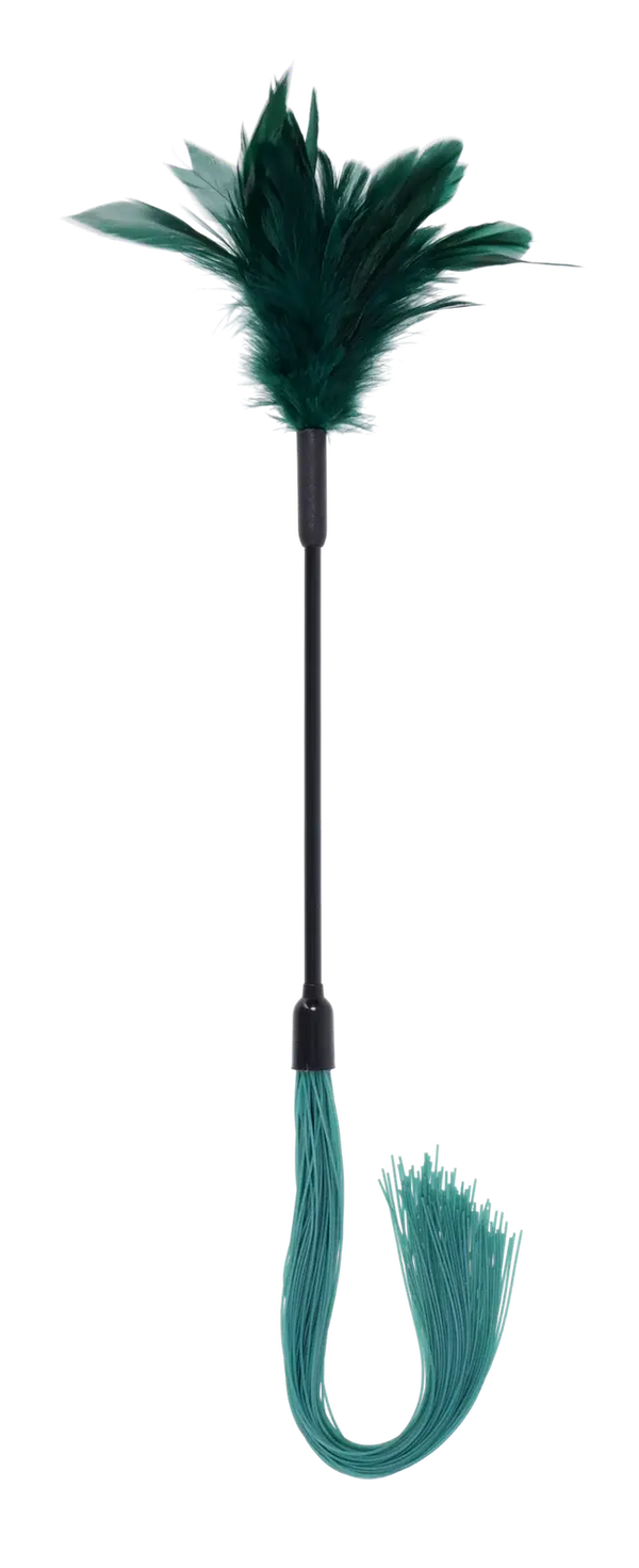 Sex & Mischief Indica Feather Tickler with dark green plume and teal silicone tassel on black handle