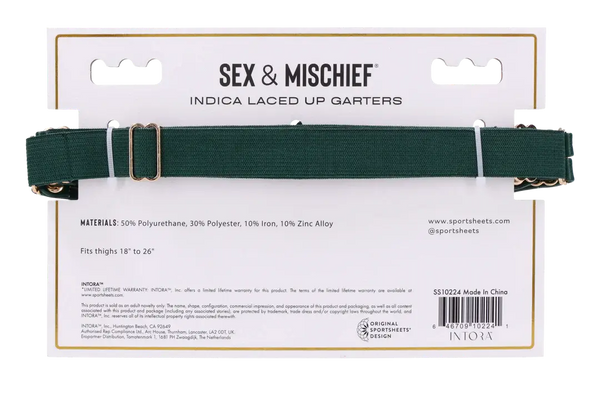 Sex & Mischief Indica Garters packaging back showing materials: 50% polyurethane, fits thighs 18–26 inches