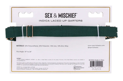Sex & Mischief Indica Garters packaging back showing materials: 50% polyurethane, fits thighs 18–26 inches