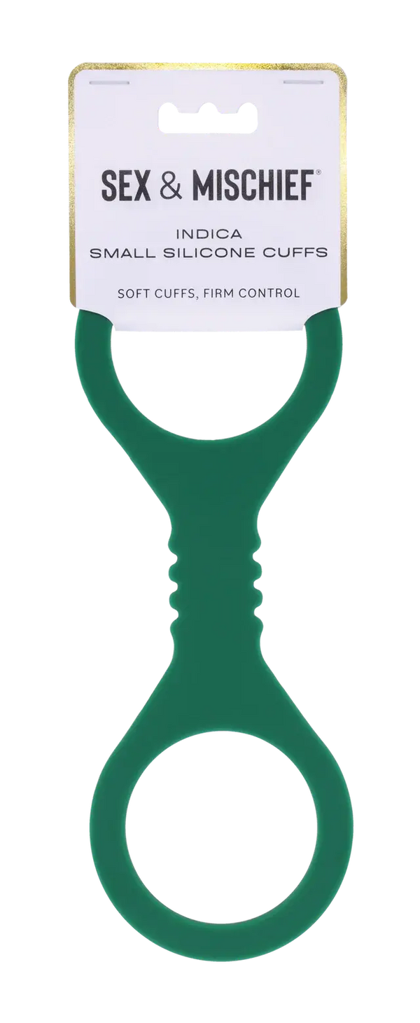 Sex & Mischief Indica Small Silicone Cuffs in forest green on retail card packaging