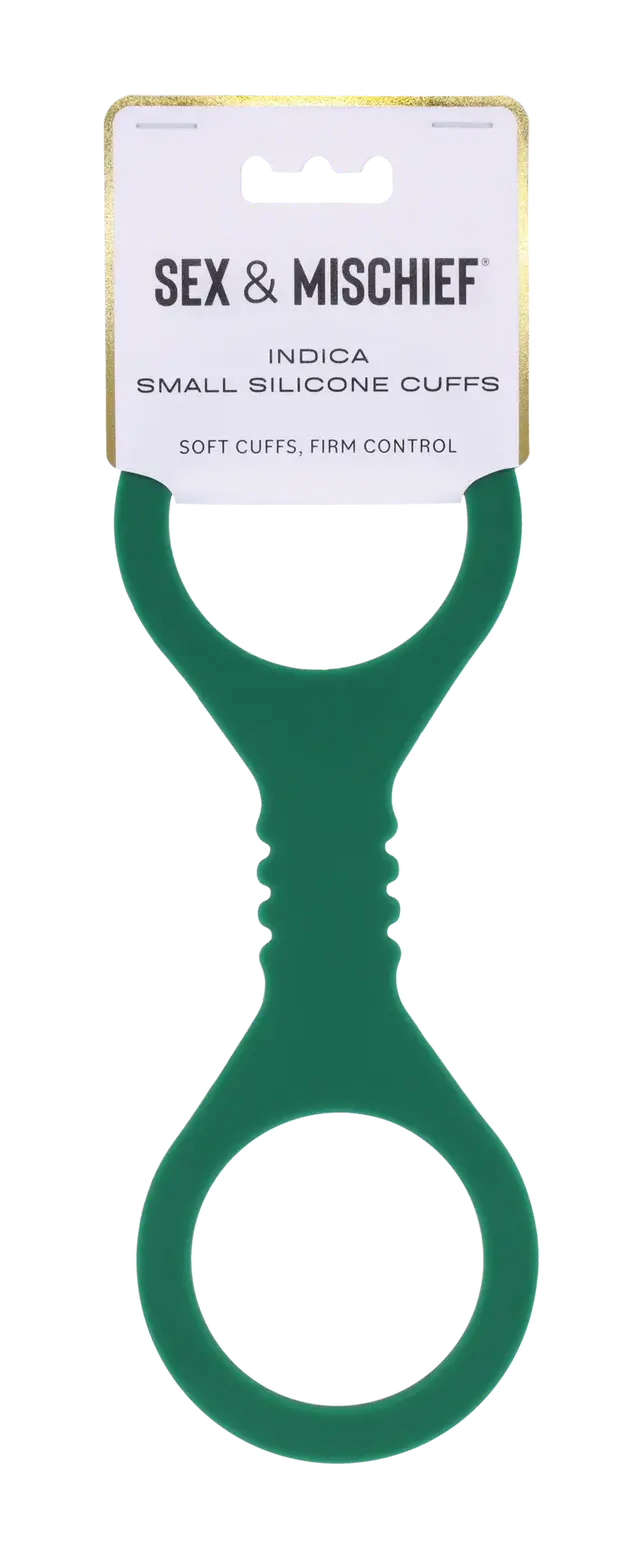 Sex & Mischief Indica Small Silicone Cuffs in forest green on retail card packaging
