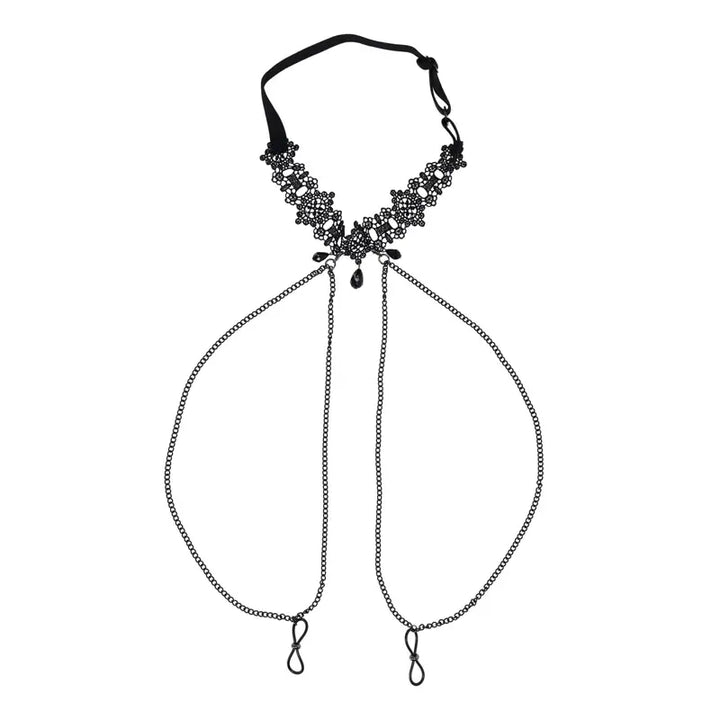 Sex & Mischief Lace Collar with Nipple Ties in black, full front view on white background