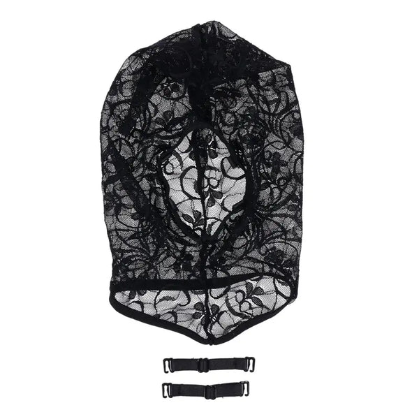 Sex & Mischief Lace Hush Hood in black sheer floral lace, flat lay with two removable mouth straps