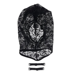 Sex & Mischief Lace Hush Hood in black sheer floral lace, flat lay with two removable mouth straps