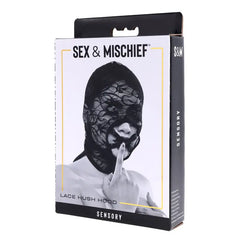 Sex & Mischief Lace Hush Hood packaging box showing front and side panels with model wearing hood