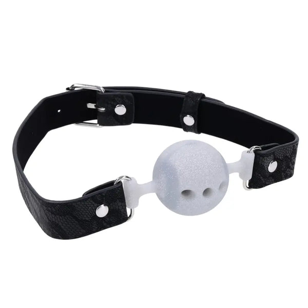 Sex & Mischief lace silicone breathable ball gag with black PU strap and white silicone ball
