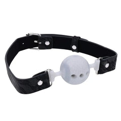 Sex & Mischief lace silicone breathable ball gag with black PU strap and white silicone ball
