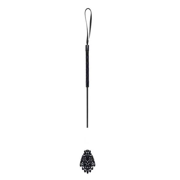 Sex & Mischief Lace Silicone Crop in black with ornate silicone tip and wrist strap