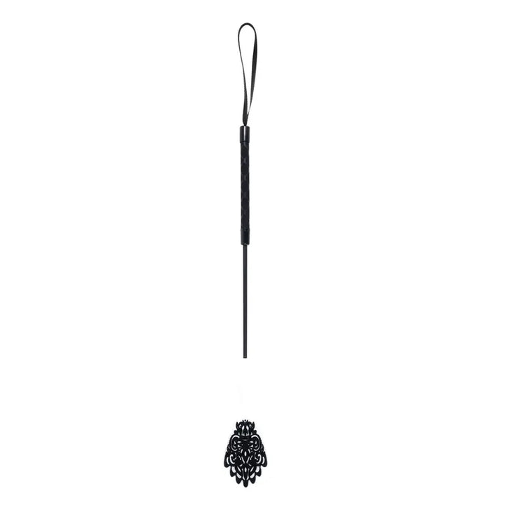 Sex & Mischief Lace Silicone Crop in black with ornate silicone tip and wrist strap