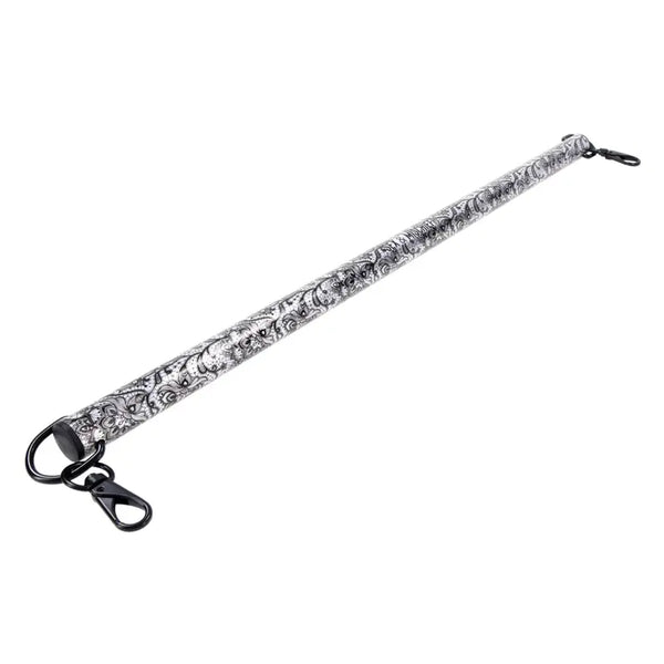 Sex & Mischief Lace Spreader Bar in silver lace print with black swivel snap clips at each end