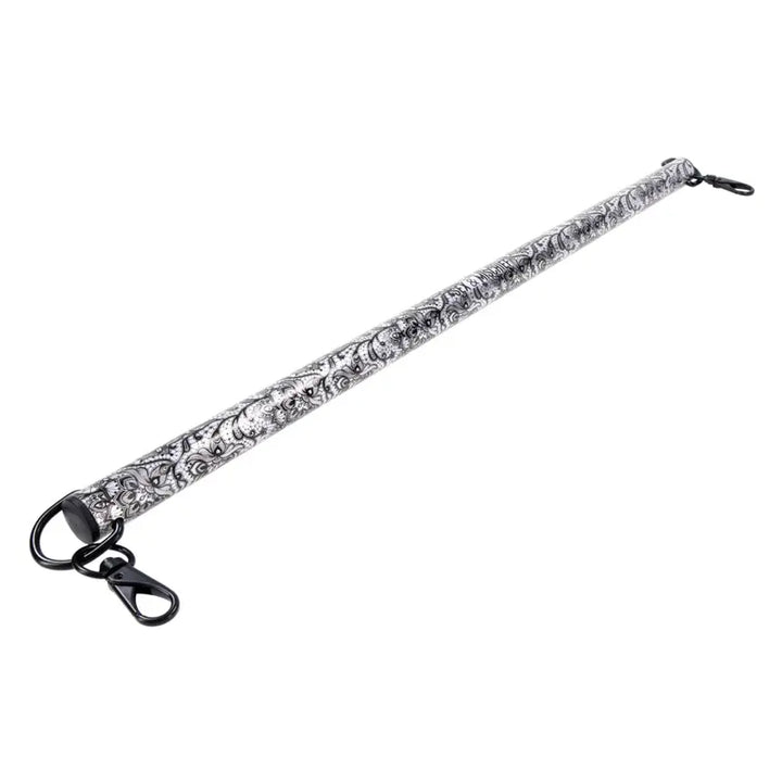 Sex & Mischief Lace Spreader Bar in silver lace print with black swivel snap clips at each end
