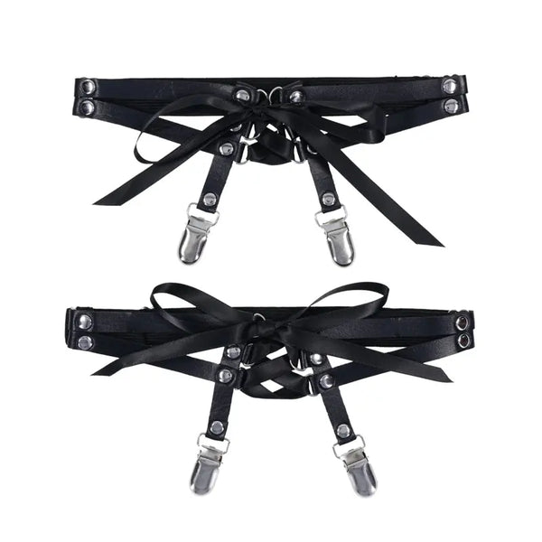 Sex & Mischief Laced Up Garters in black with satin ribbon bows and silver metal clips