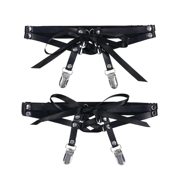 Sex & Mischief Laced Up Garters in black with satin ribbon bows and silver metal clips