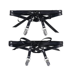 Sex & Mischief Laced Up Garters in black with satin ribbon bows and silver metal clips