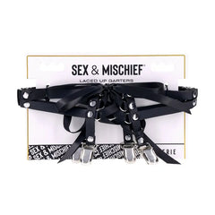 Sex & Mischief Laced Up Garters on retail card showing faux-leather straps and clip detail