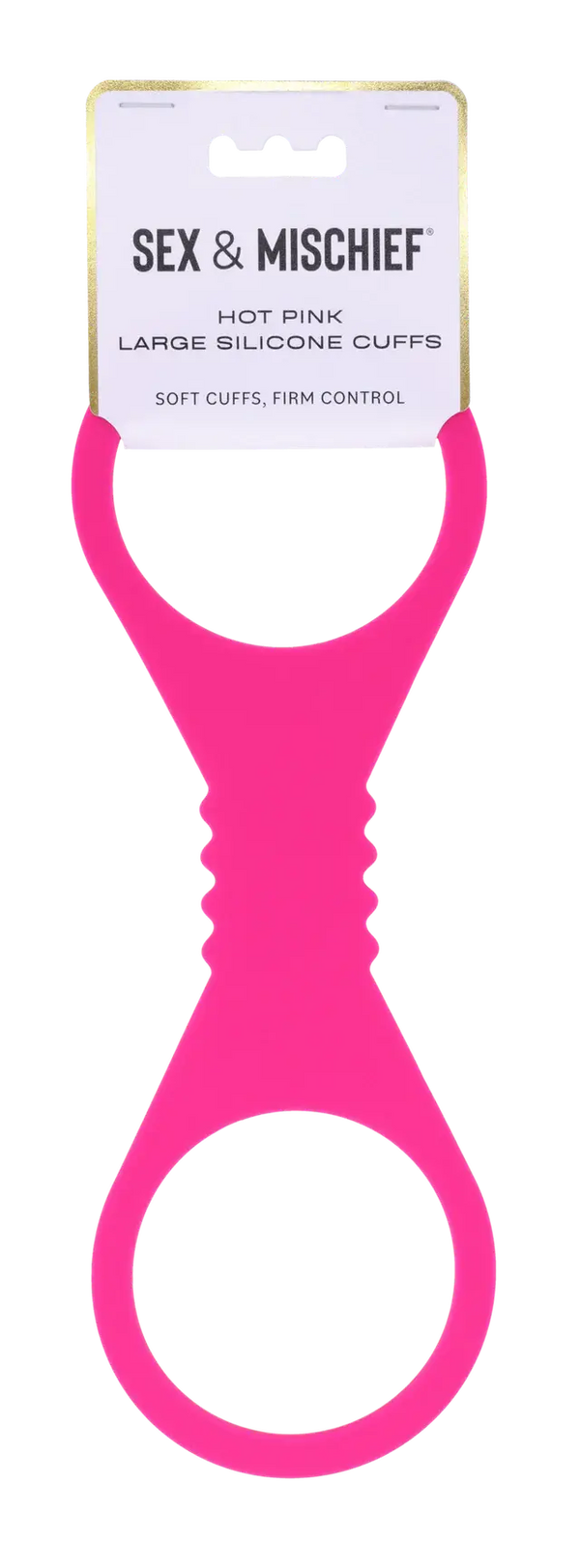 Sex & Mischief large hot pink silicone cuffs in figure-eight shape on retail card