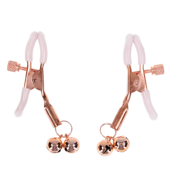 Sex & Mischief Peaches 'N CreaMe Bell Nipple Clamps with rose gold bells and white rubber tips