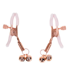 Sex & Mischief Peaches 'N CreaMe Bell Nipple Clamps with rose gold bells and white rubber tips