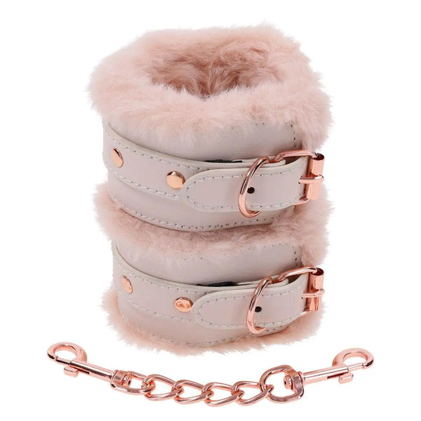 Sex & Mischief Peaches n CreaMe fur handcuffs with rose gold chain and buckle closures