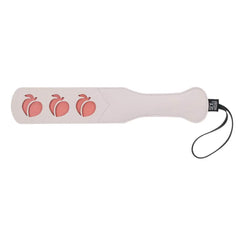 Sex & Mischief Peaches n CreaMe paddle in blush pink vegan leather with three peach cutout details