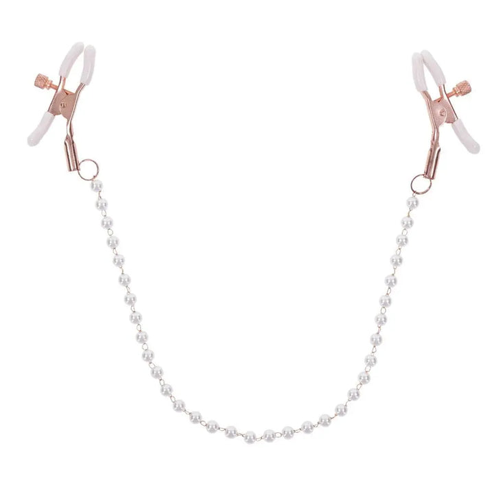 Sex & Mischief pearl nipple clamps with rose gold hardware and white silicone tips, front view