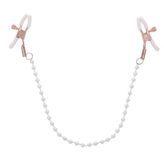 Sex & Mischief pearl nipple clamps with rose gold hardware and white silicone tips, front view