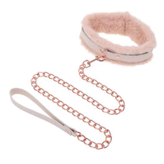 Sex & Mischief pink fur collar with rose gold chain leash and cream vegan leather handle
