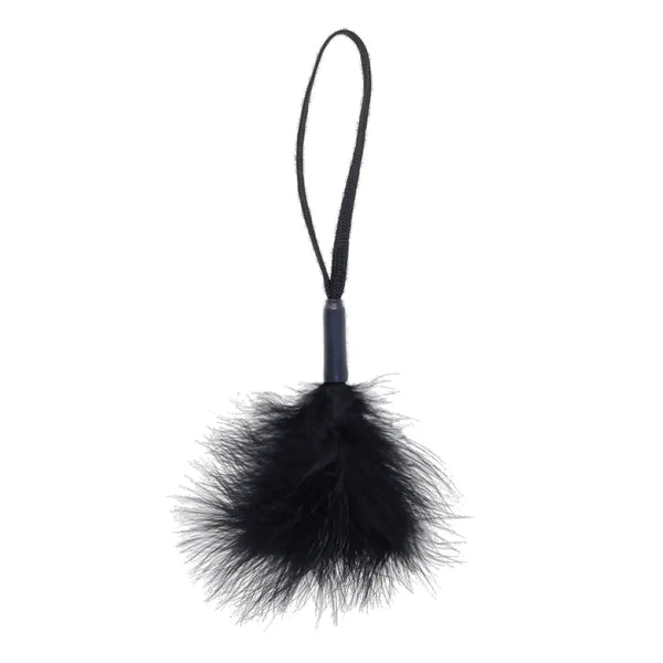 Sex & Mischief Sensual Feather Tickler Teaser in black with faux-leather handle and wrist loop