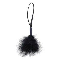 Sex & Mischief Sensual Feather Tickler Teaser in black with faux-leather handle and wrist loop