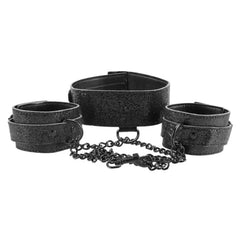 Sex & Mischief Shadow Sparkle Collar and Cuffs set in black glitter faux leather with dark chain