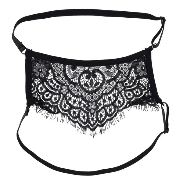 Sex & Mischief Veiled Vision Lace Blindfold flat lay showing floral lace panel and adjustable dual straps