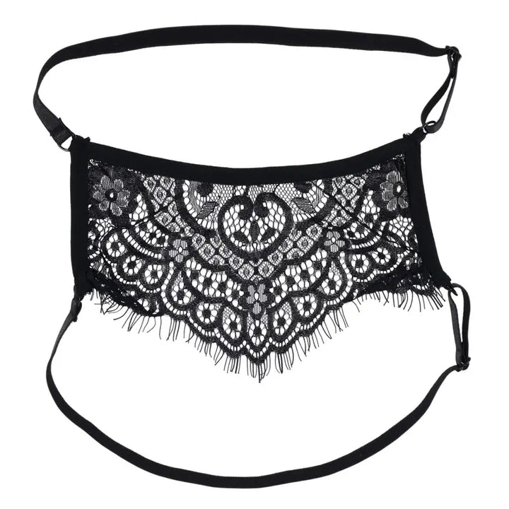 Sex & Mischief Veiled Vision Lace Blindfold flat lay showing floral lace panel and adjustable dual straps